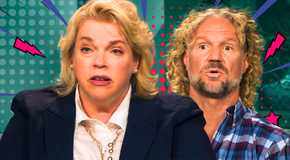 Sister Wives’ Janelle Brown and Kody Brown are surprised in front of red lightning bolts.