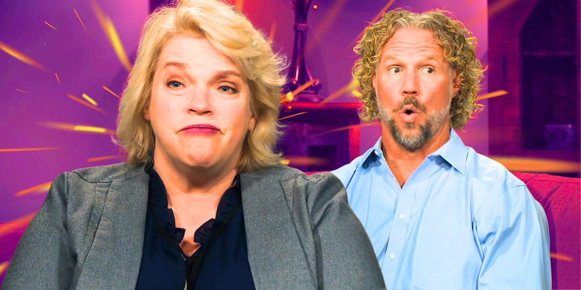 Sister Wives star Janelle Brown looks displeased, while Kody Brown looks open-mouthed and shocked.