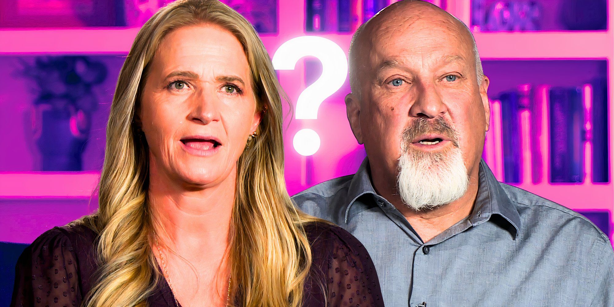 sister wives stars Christine Brown and David Wooley looking serious with pink background with question marks