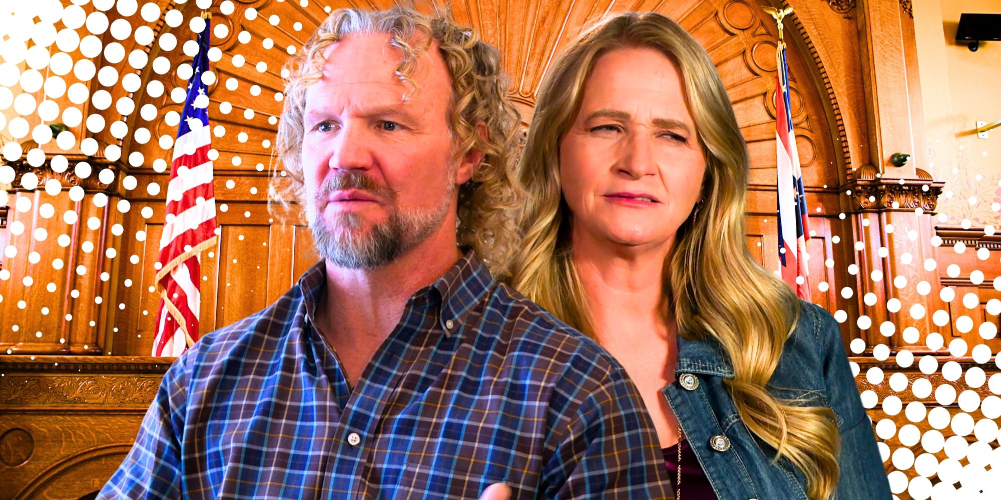 Sister Wives' Kody Brown is serious &amp; Christine Brown looks suspicious, in front of a courtroom.