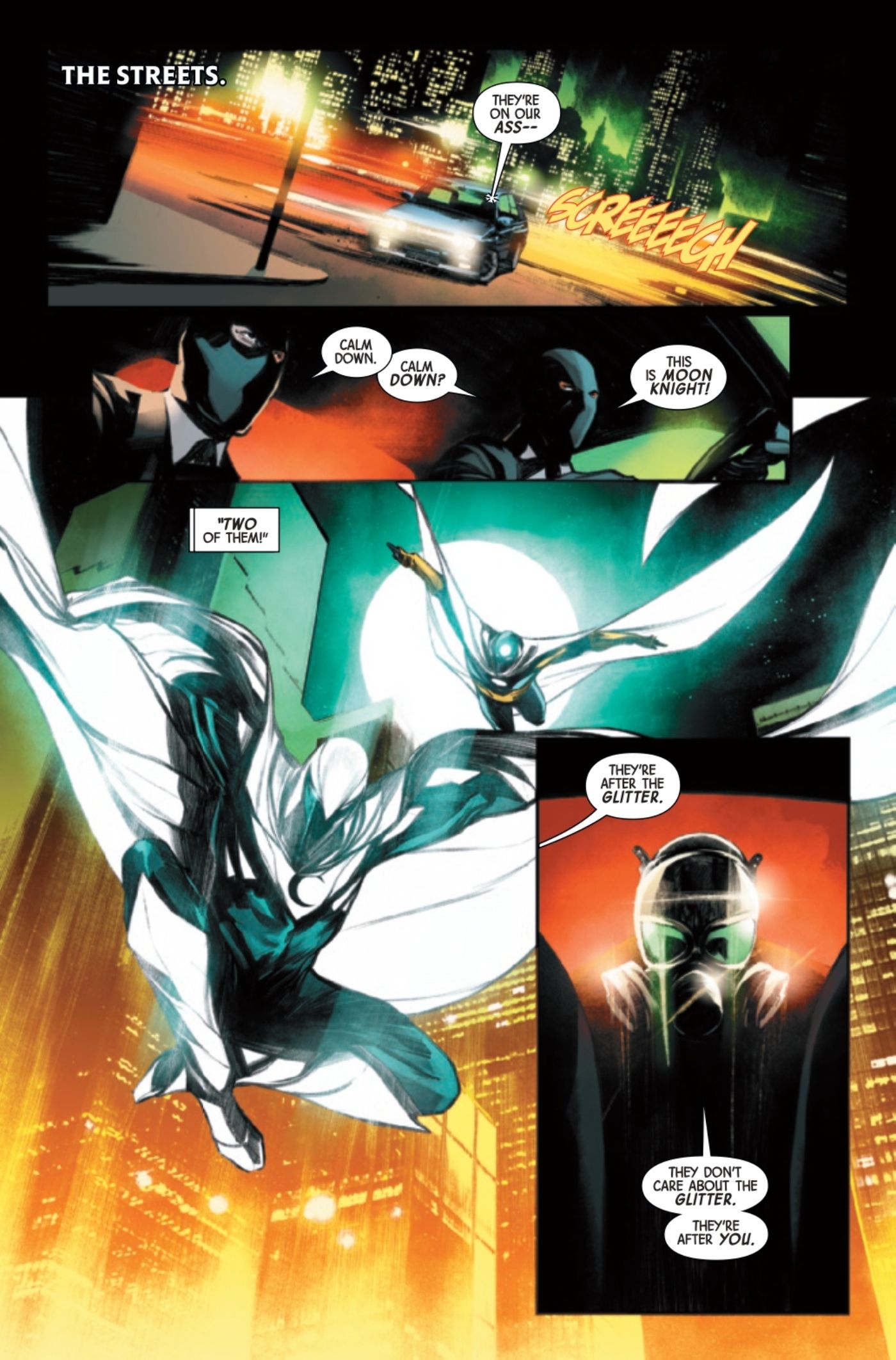 Moon Knight swooping down on a couple of gangsters.