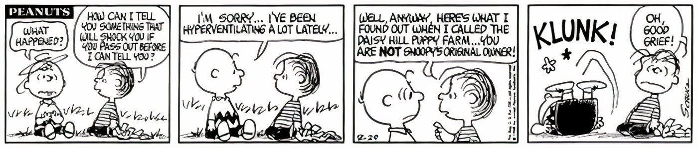 Linus le dice a Charlie Brown que Snoopy tuvo otro dueño antes que él.