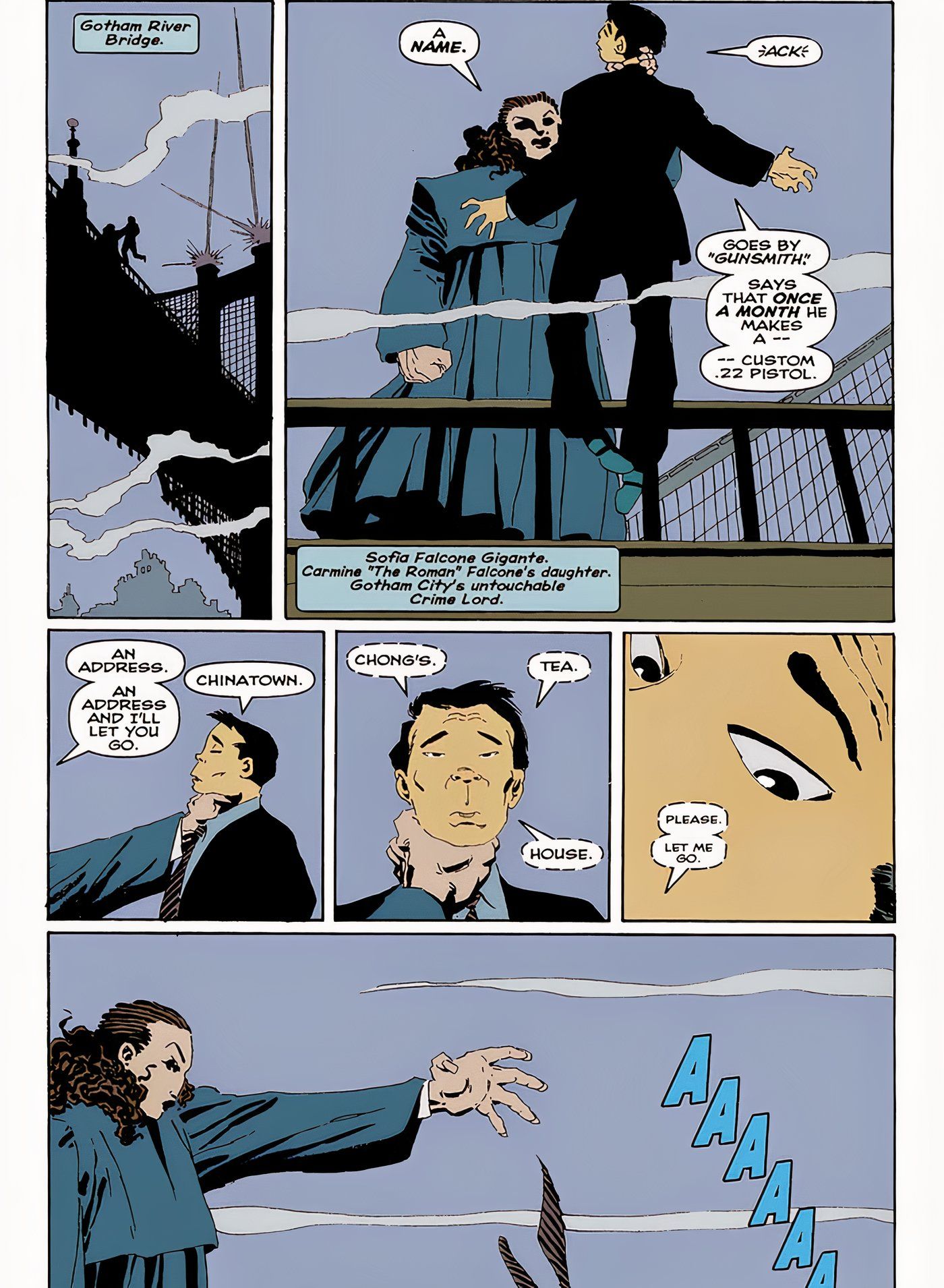 Comic book page: Sofia Falcone Drops Man Over Bridge in Batman's The Long Halloween