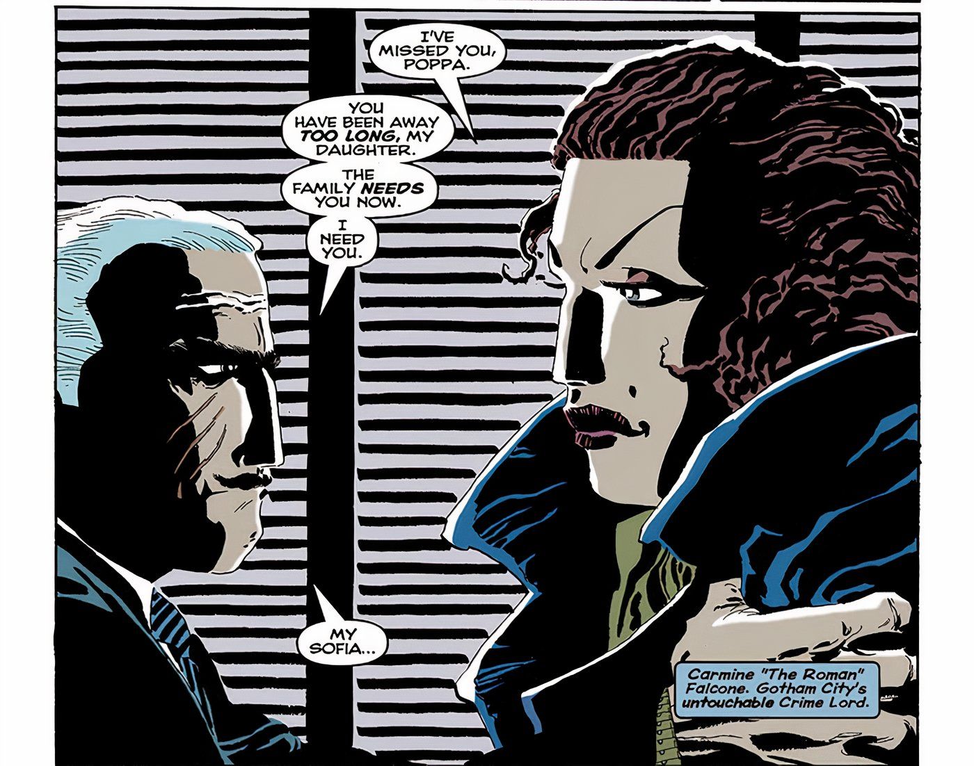 Comic book panel: Carmine Falcone greets his daughter Sofia Falcone in Batman's The Long Halloween. 