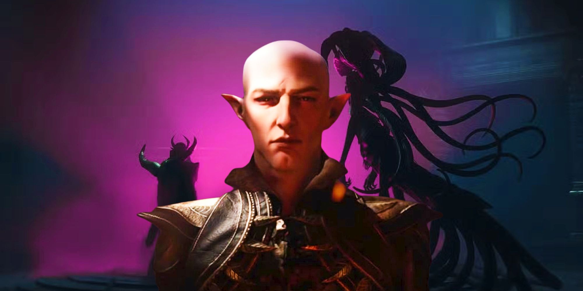 Solas in front of the silhouettes of Elgar'nan and Ghilan'nain in Dragon Age The Veilguard.