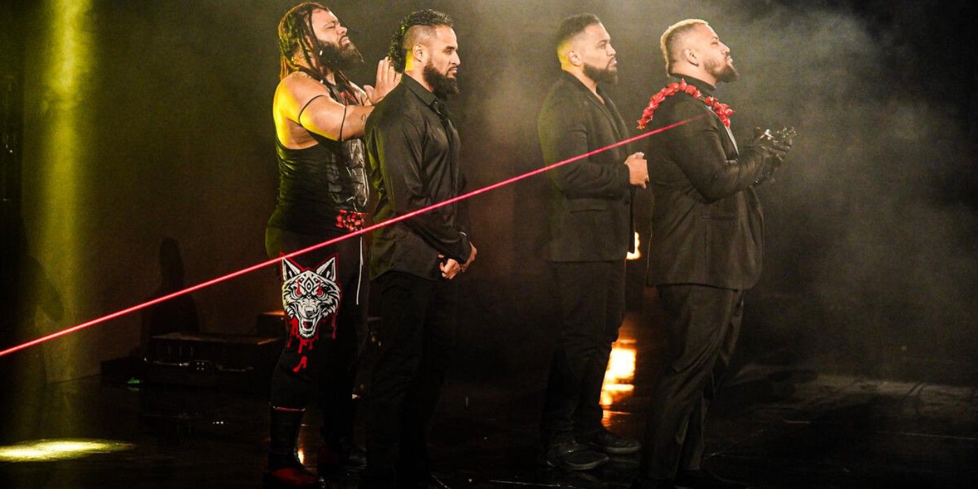 Solo Sikoa stands at the WWE entrance ramp with the new Bloodline 2.0 Tama Tonga Tonga Loa Guerillas of Destiny and Jacob Fatu at Friday Night SmackDown