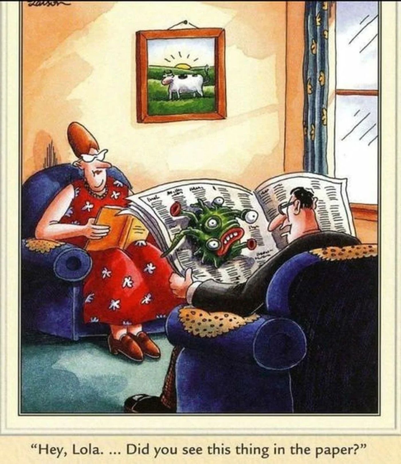 Far Side, an alien creature in a man&rsquo;s newspaper.