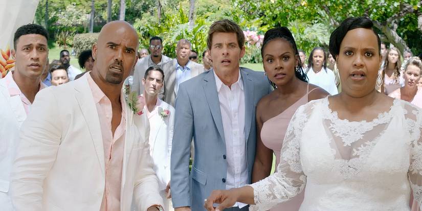 Randall, Rachel, Tom, and Maddie looking shocked at the wedding in Sonic the Hedgehog 2