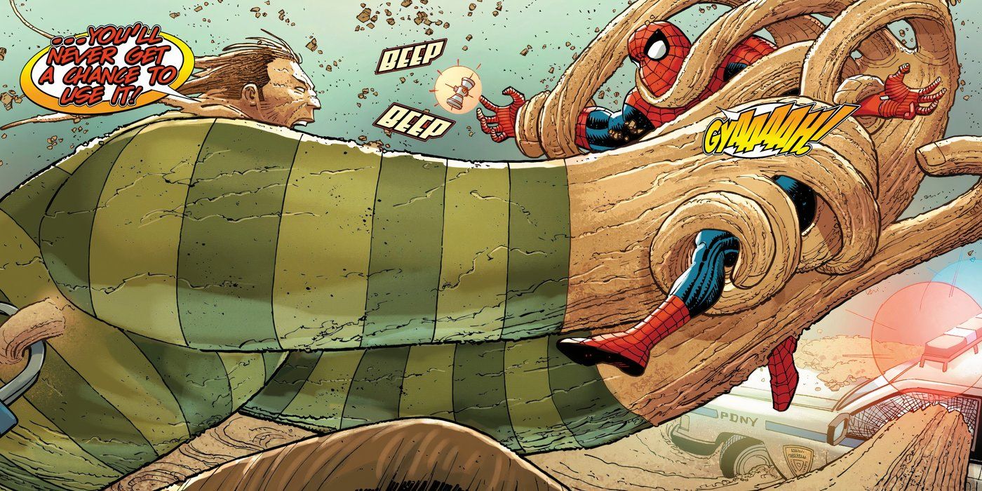 Spider-Man caught in Sandman's sand grip after losing his gadget