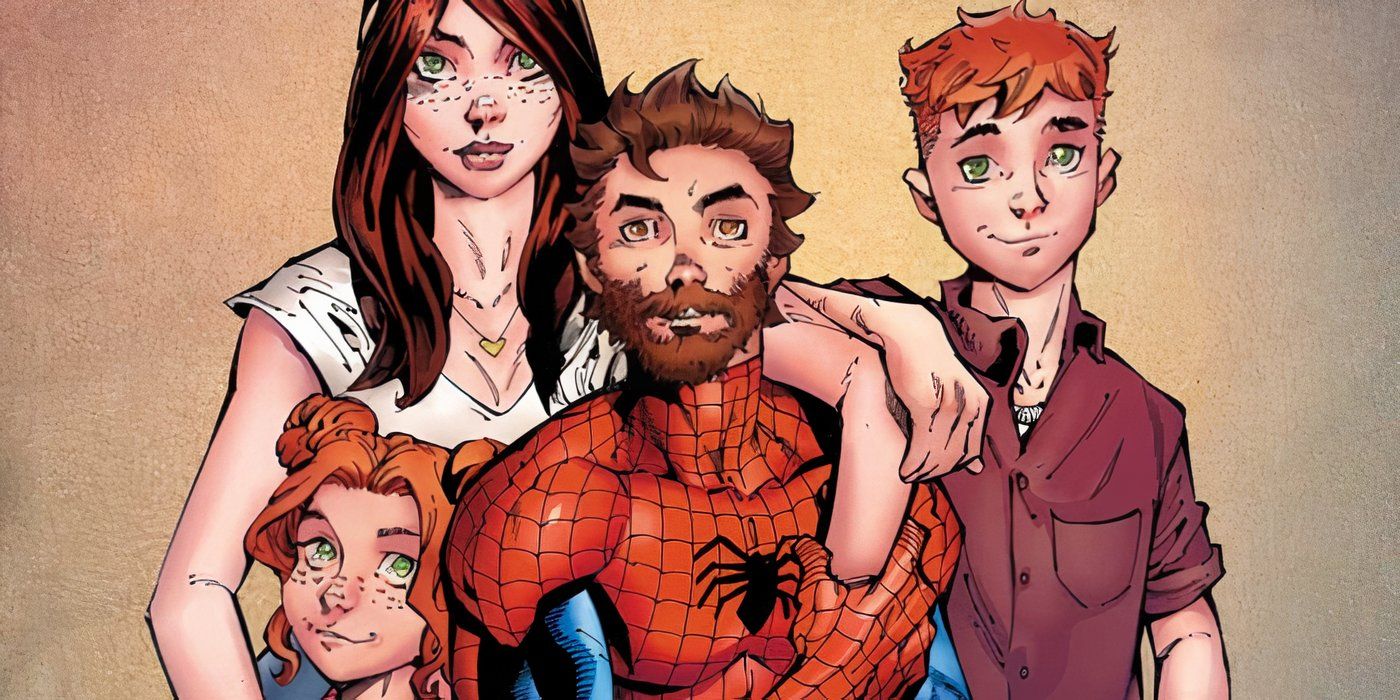 Homem-Aranha posando para foto de família com esposa e filhos.