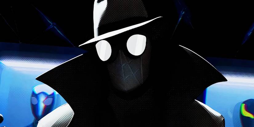Spider-Man Noir with other Spider-Man suits in Spider-Man Into the Spider-Verse
