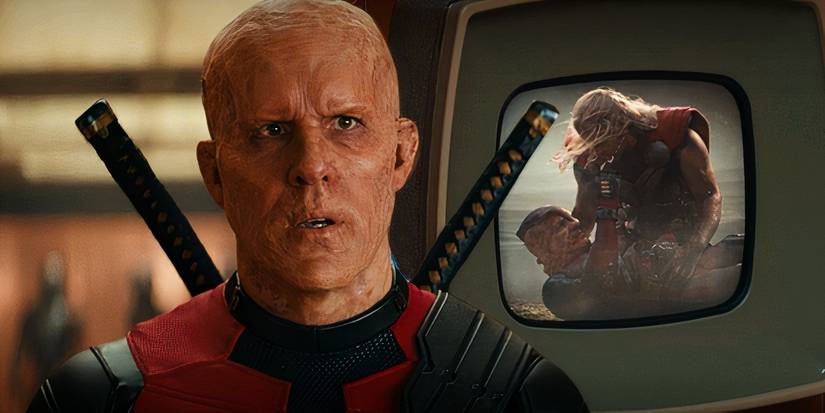 Split image of Deadpool & Wolverine and Thor crying holding Deadpool