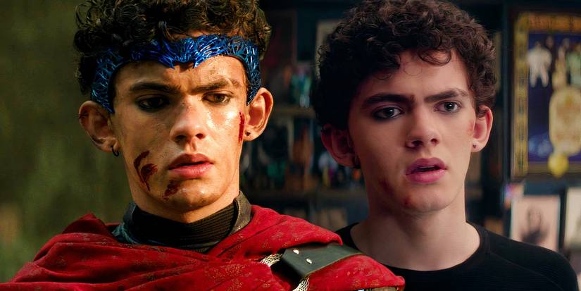 Split image of Joe Locke's Billy Maximoff in his Wiccan costume on the left, Billy in his bedroom talking to ghost Agatha on the right in Agatha All Along (2024)