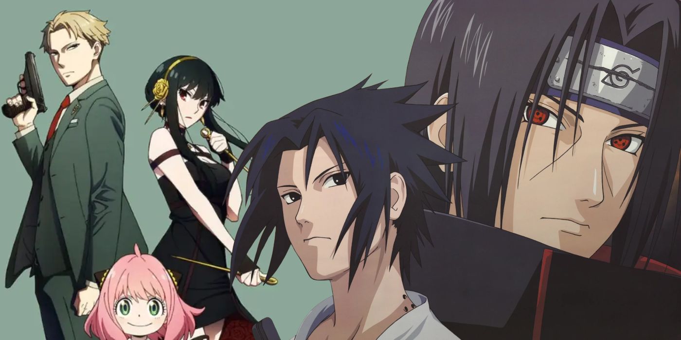 Spy x Family&rsquo;s Forgers in their spy clothes next to Sasuke and Itachi Uchiha brooding.