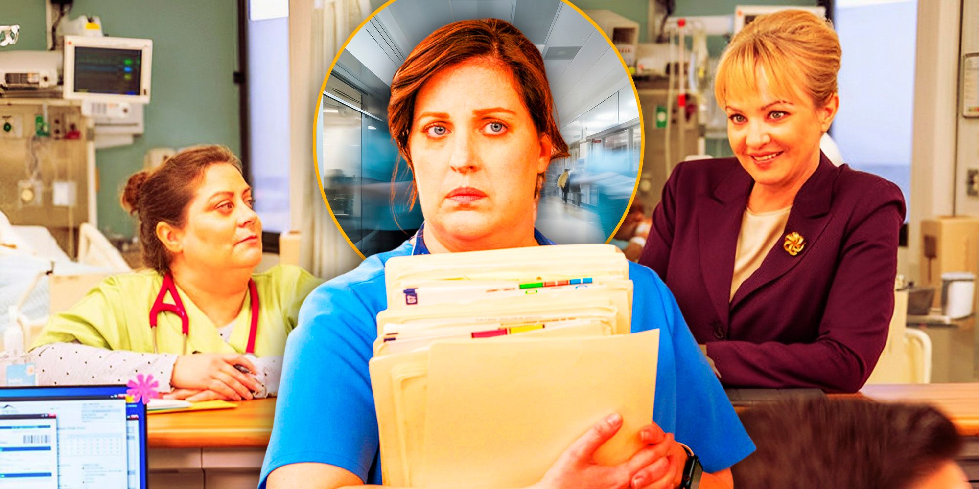 Wendi McLendon-Covey and Alison Tolman at the nurse&rsquo;s desk in St. Denis Medical