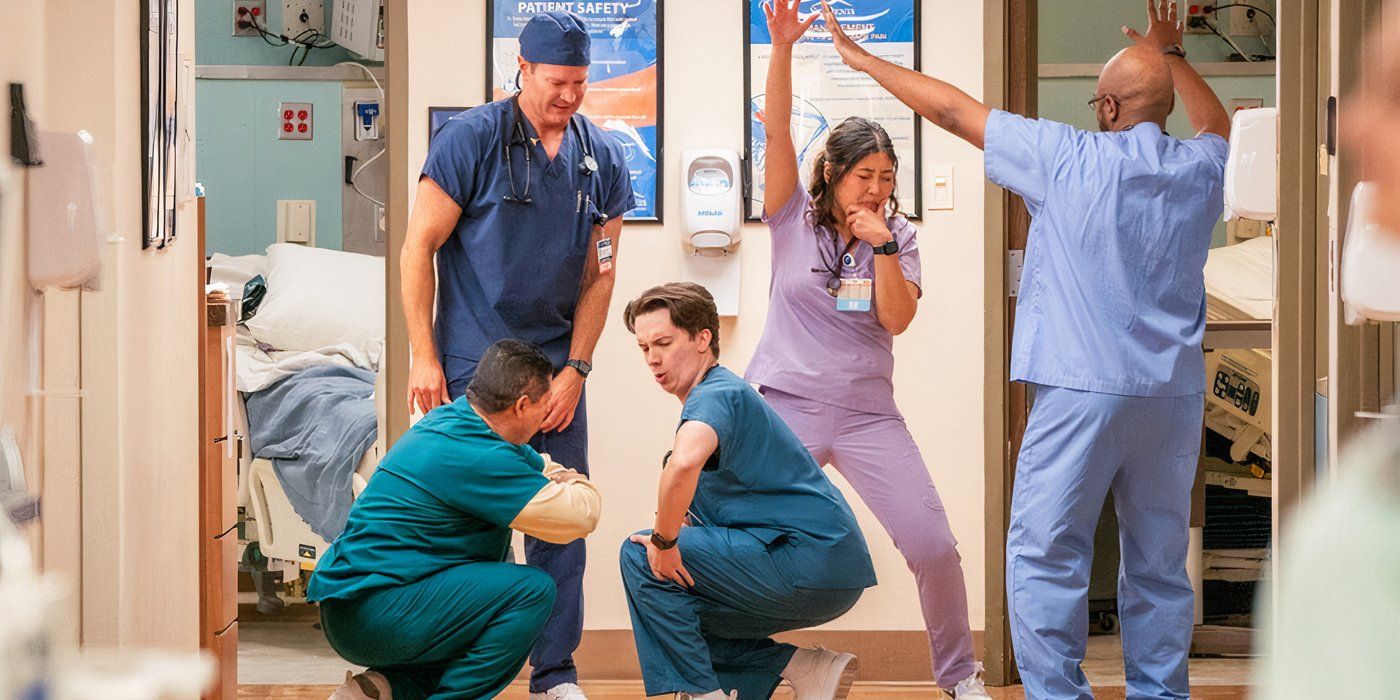 the doctors of St. Denis Medical dancing in the hallway