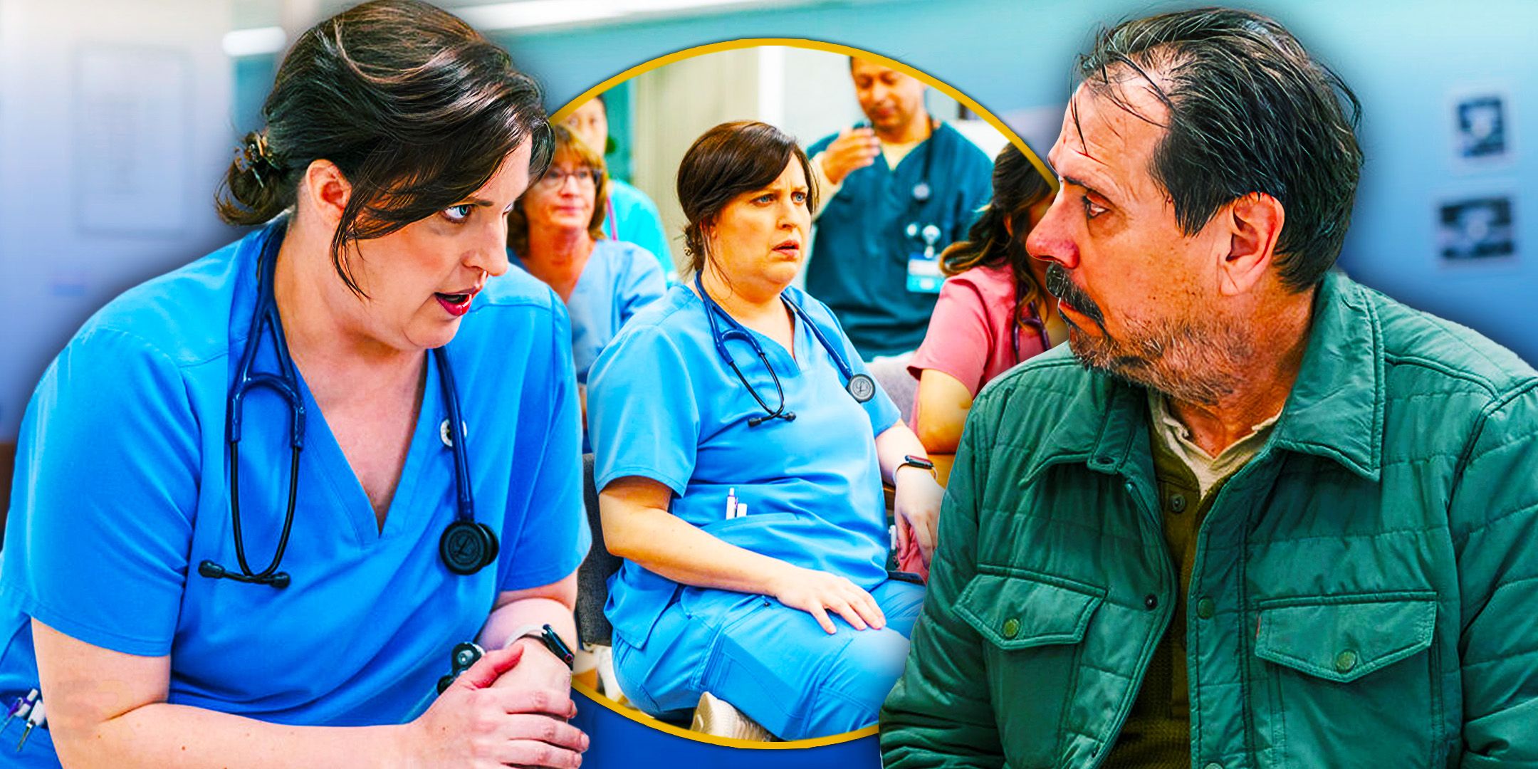 Allison Tolman talking to a man in St. Denis Medical