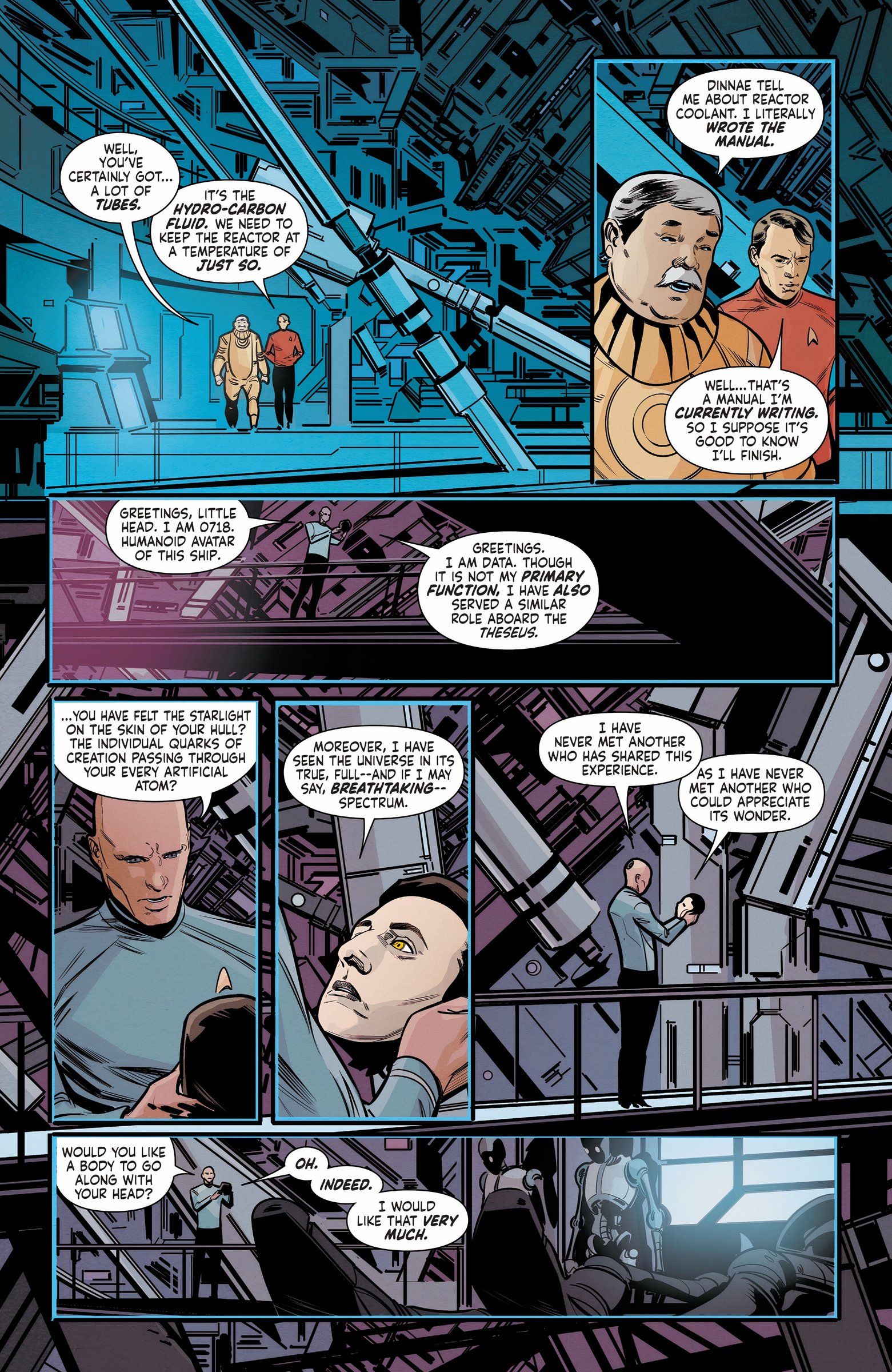 Data talks to Lieutenant 0718 of the Kelvin Enterprise