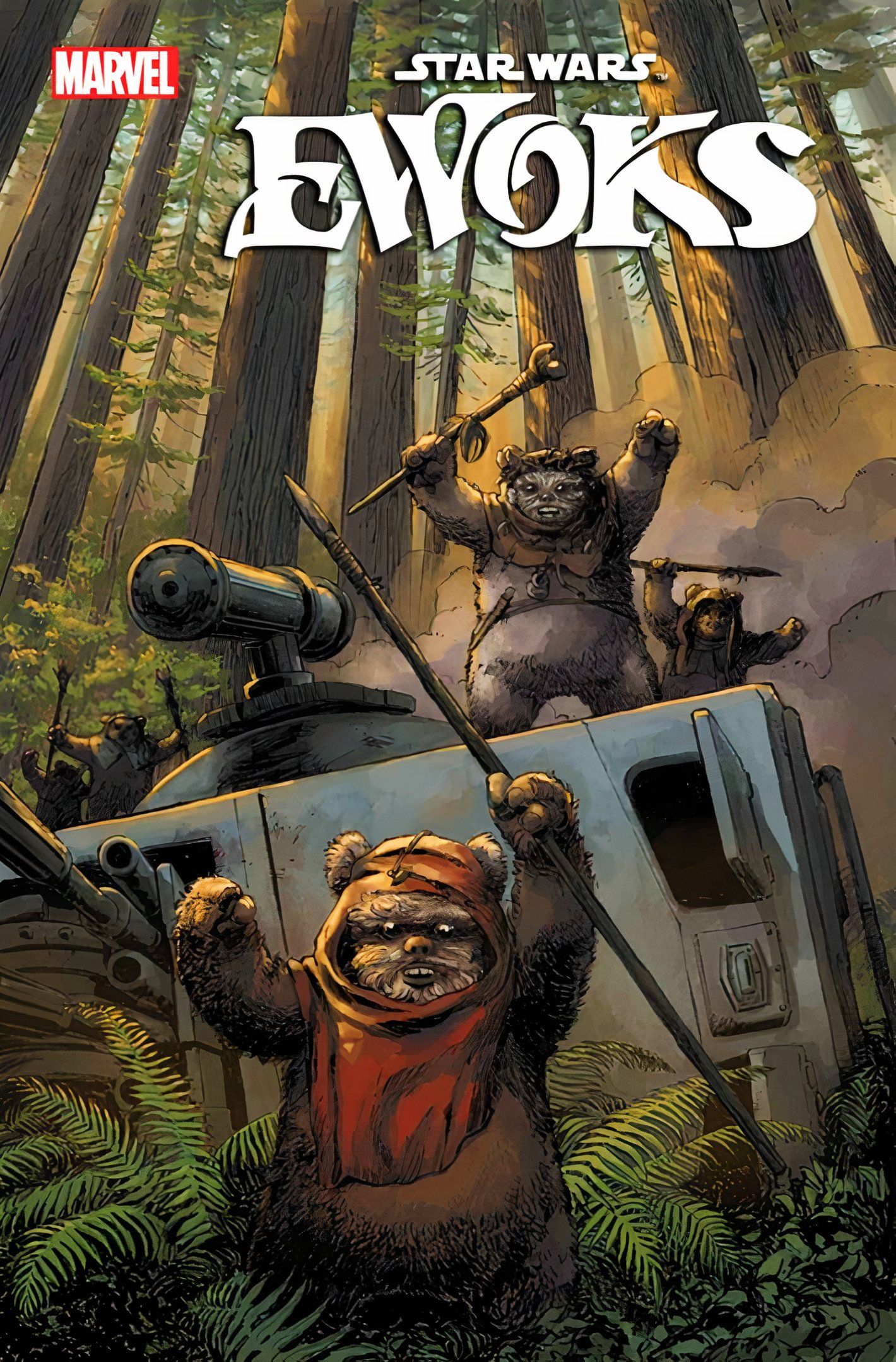 Capa variante do Star Wars Ewoks # 2, guerreiros Ewok em pé sobre um AT-ST caído e torcendo