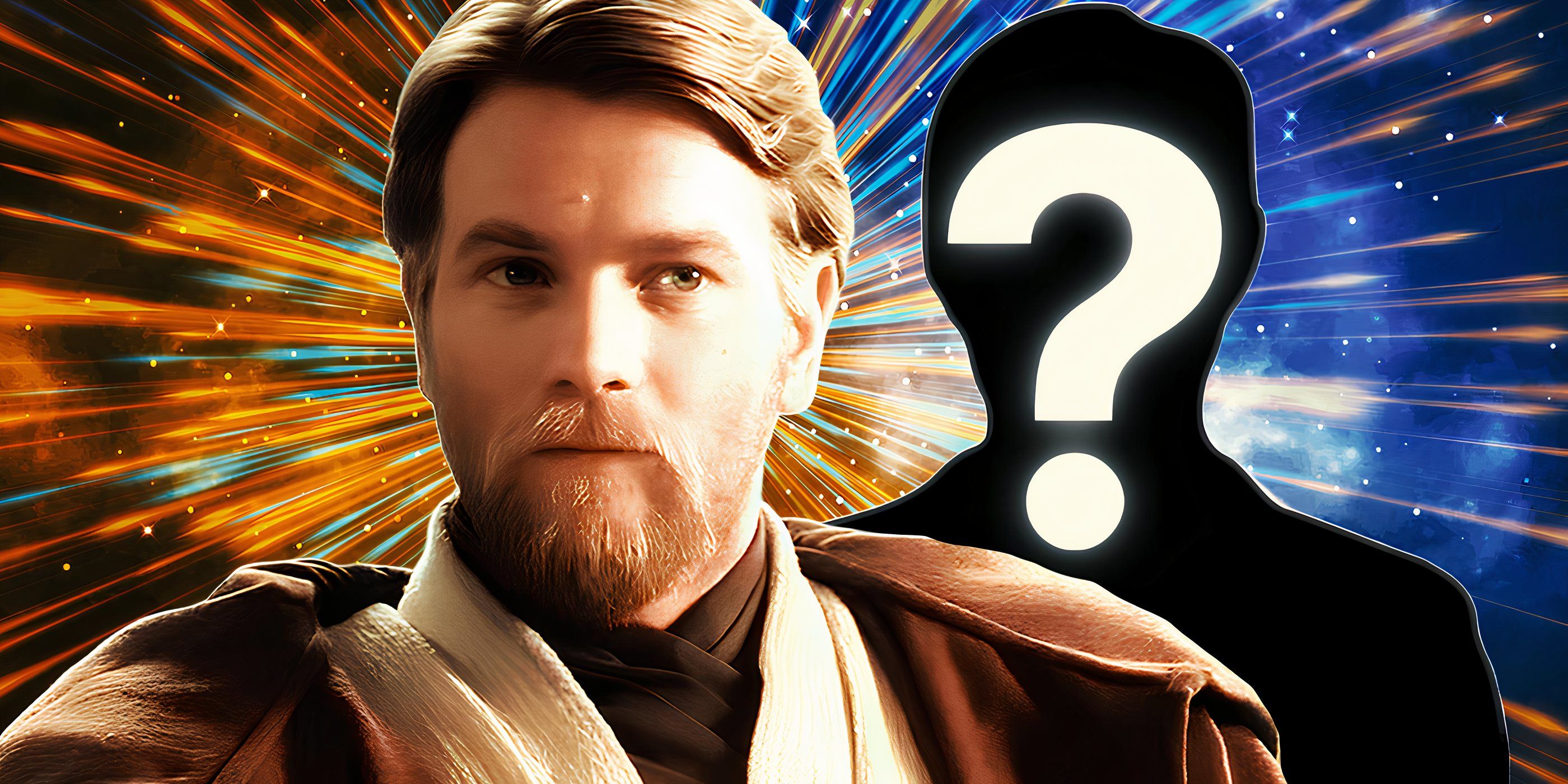 Obi-Wan Kenobi (Ewan McGregor) looks hesitant in Revenge of the Sith, edited with a silhouette and a question mark over a galactic background.