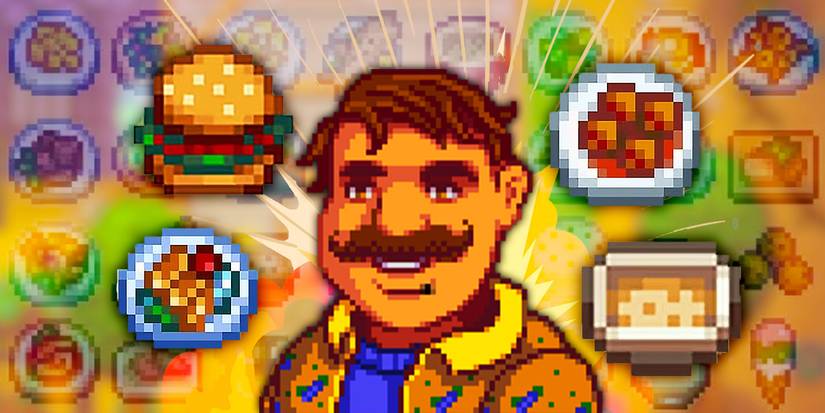 Gus from Stardew Valley surrounded by sprites of meals that can be cooked in-game.