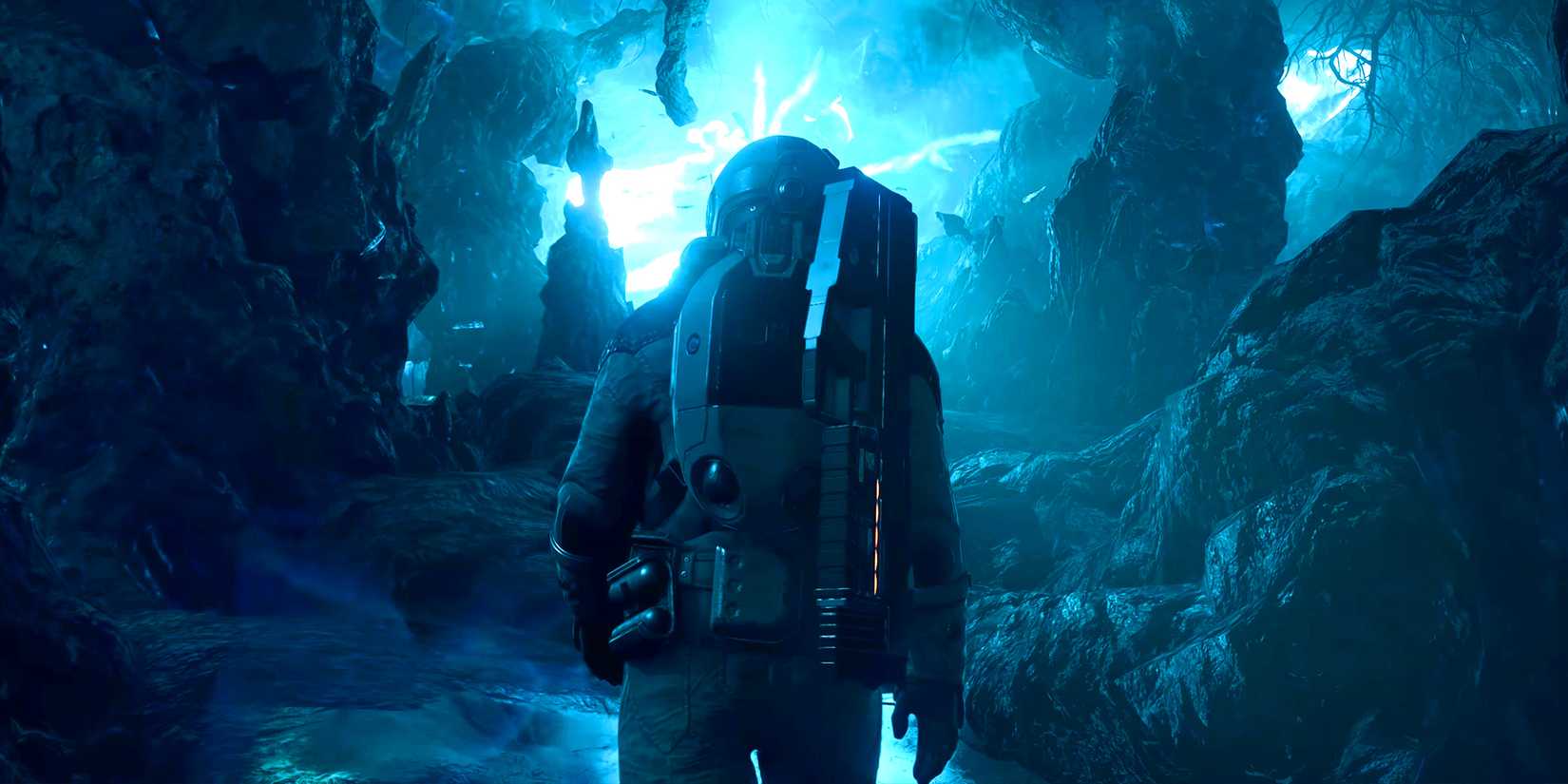 An astronaut approaching a glowing light in Starfield.