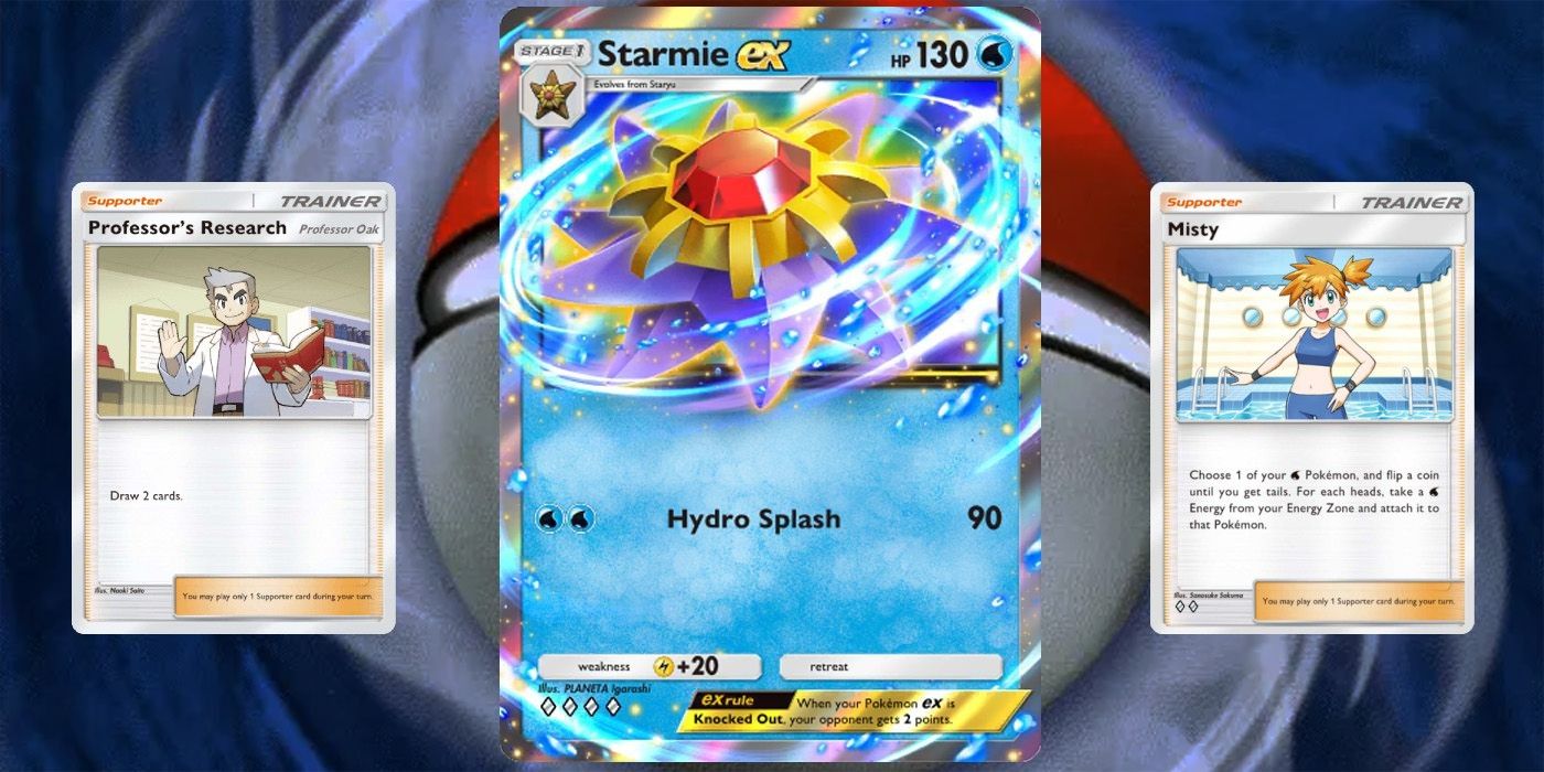 Starmie EX, Misty, and Professor's Research cards over the Pokeball background.