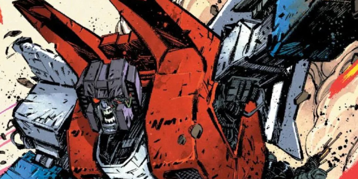 Arte del cómic: Starscream dispara el cañón de su brazo.