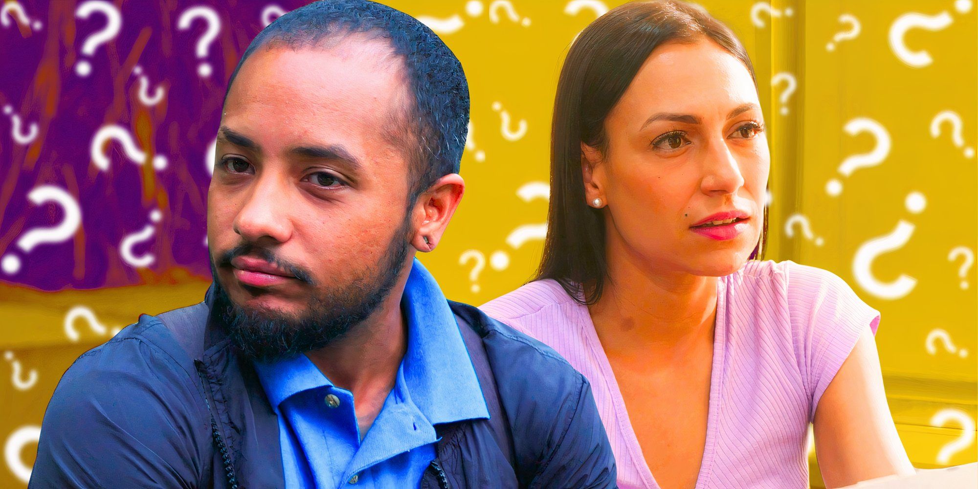 90 Day Fiancé Gabriel Pabon looking upset with Isabel Posada and question marks background