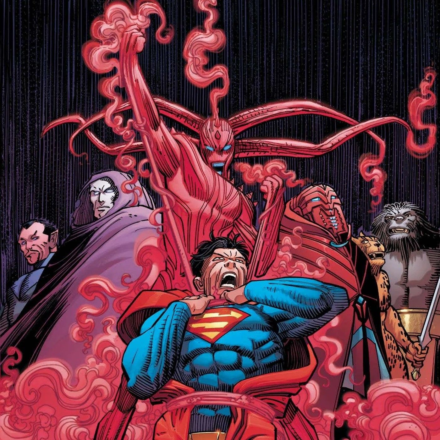 Comic book art: Superman is choked by Red Cloud with other villains watching.