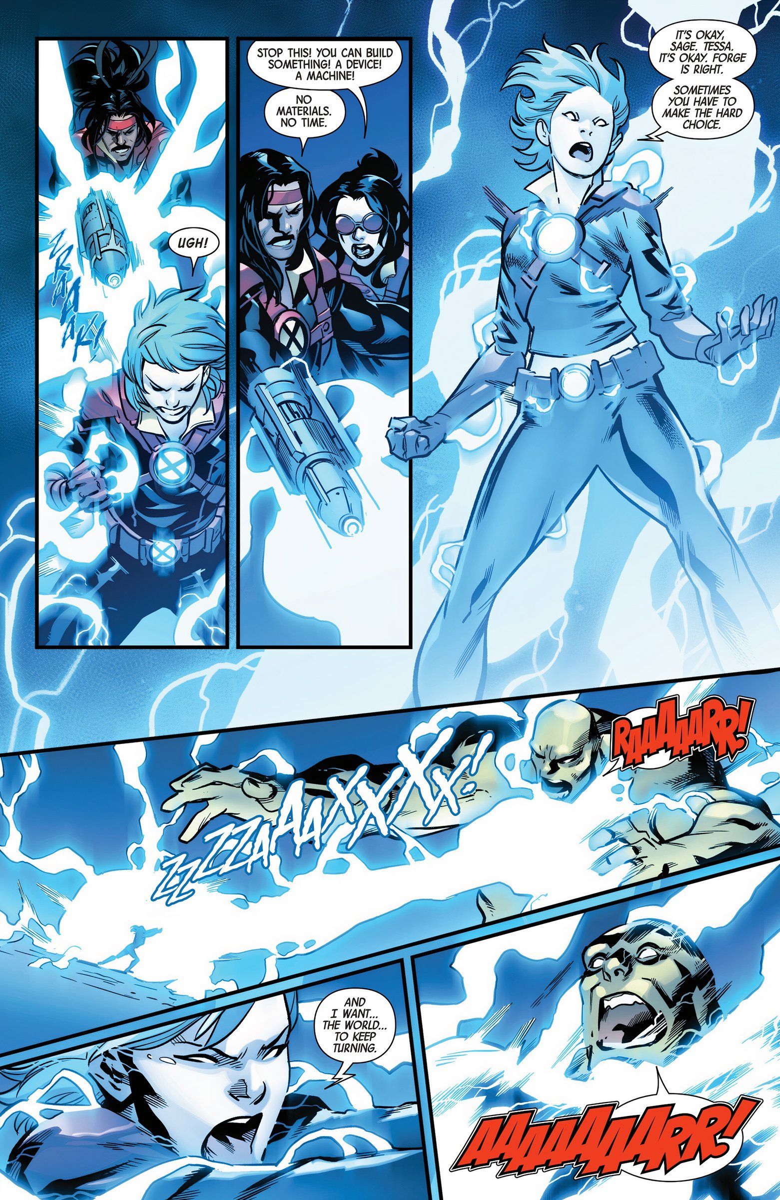 Surge powers up with blue electricity to attack Nuklo in X-Force. 