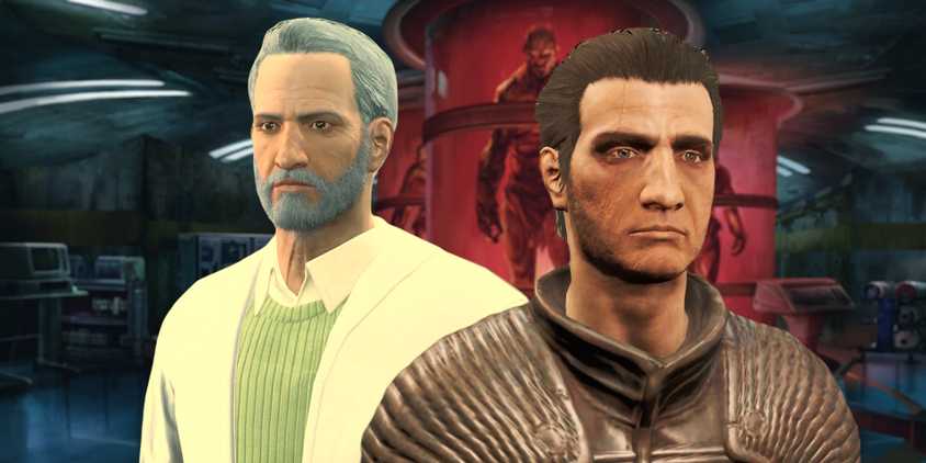 Father and a Courser from Fallout 4 with a super mutant laboratory behind.