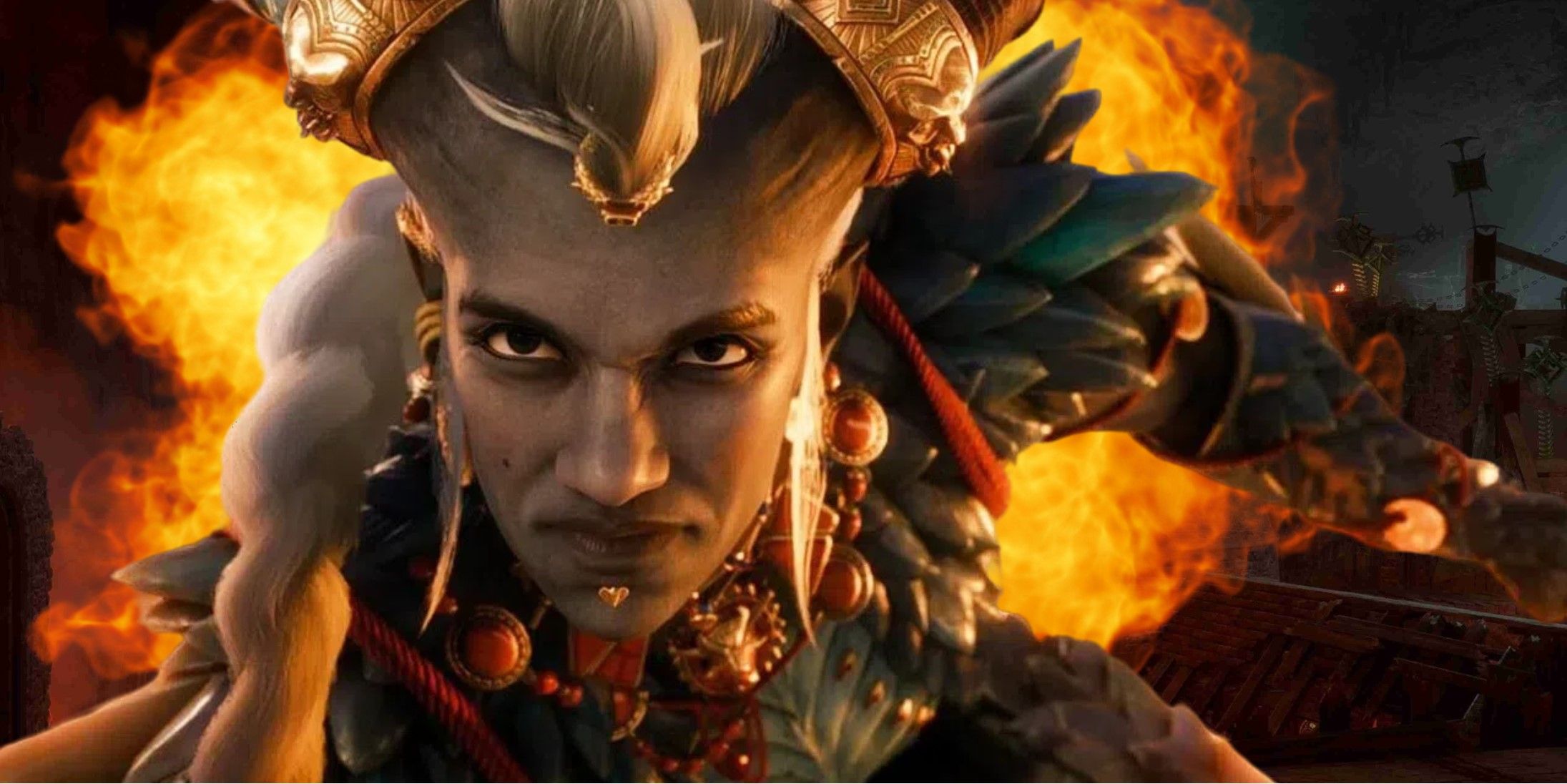 Taash with fire behind them in dragon age the veilguard