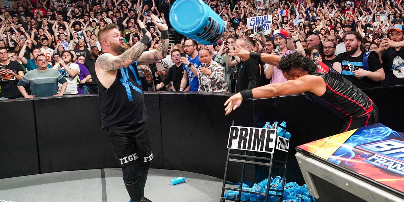 Tama Tonga throws a Prime bottle at Kevin Owens during WWE Backlash 2024