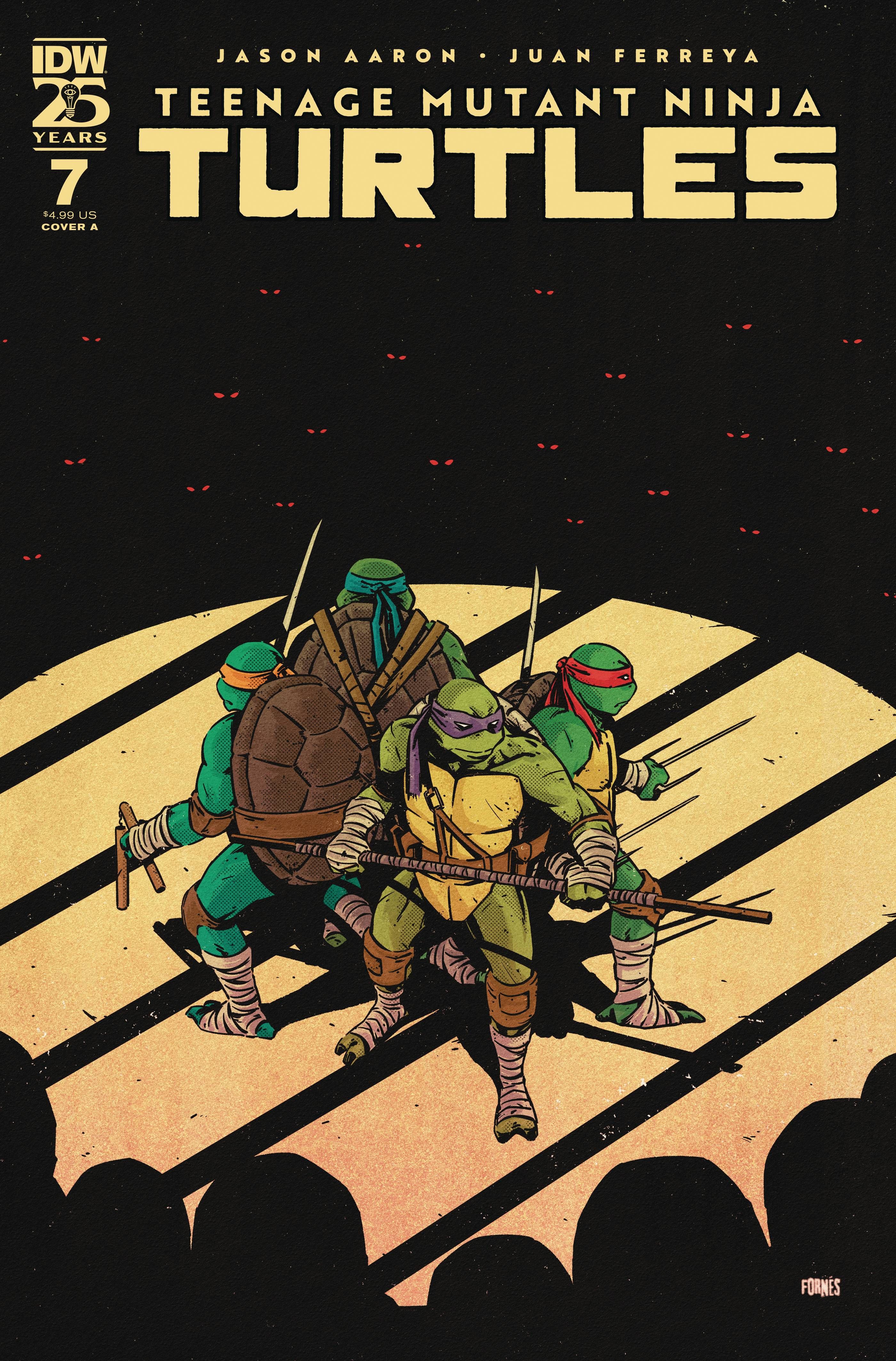 Comic book cover: the Teenage Mutant Ninja Turtles stand in a circle, prepared to fight enemies.