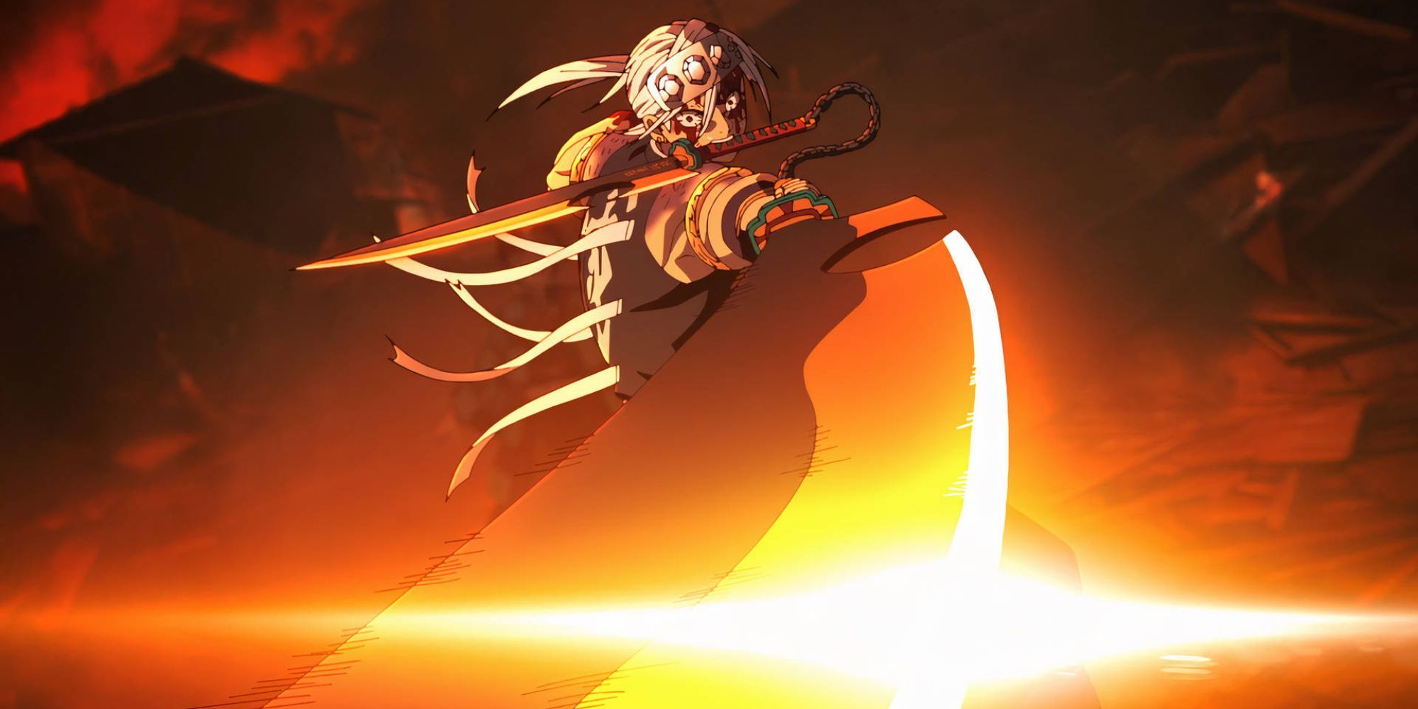 Tengen swinging his sword from Demon Slayer anime