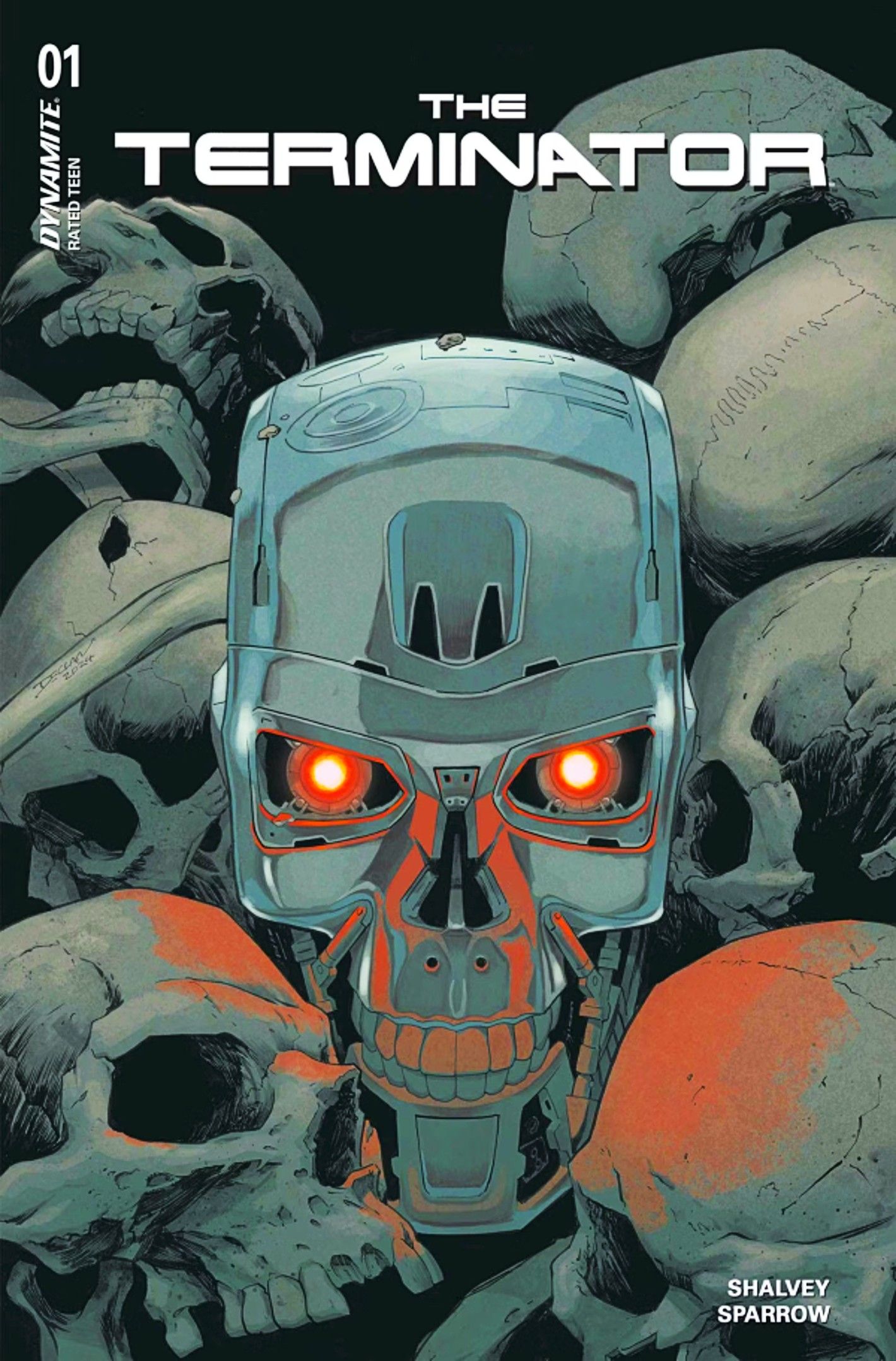 Terminator #1 main cover, a T-800 skull with glowing red eyes among a pile of human skulls