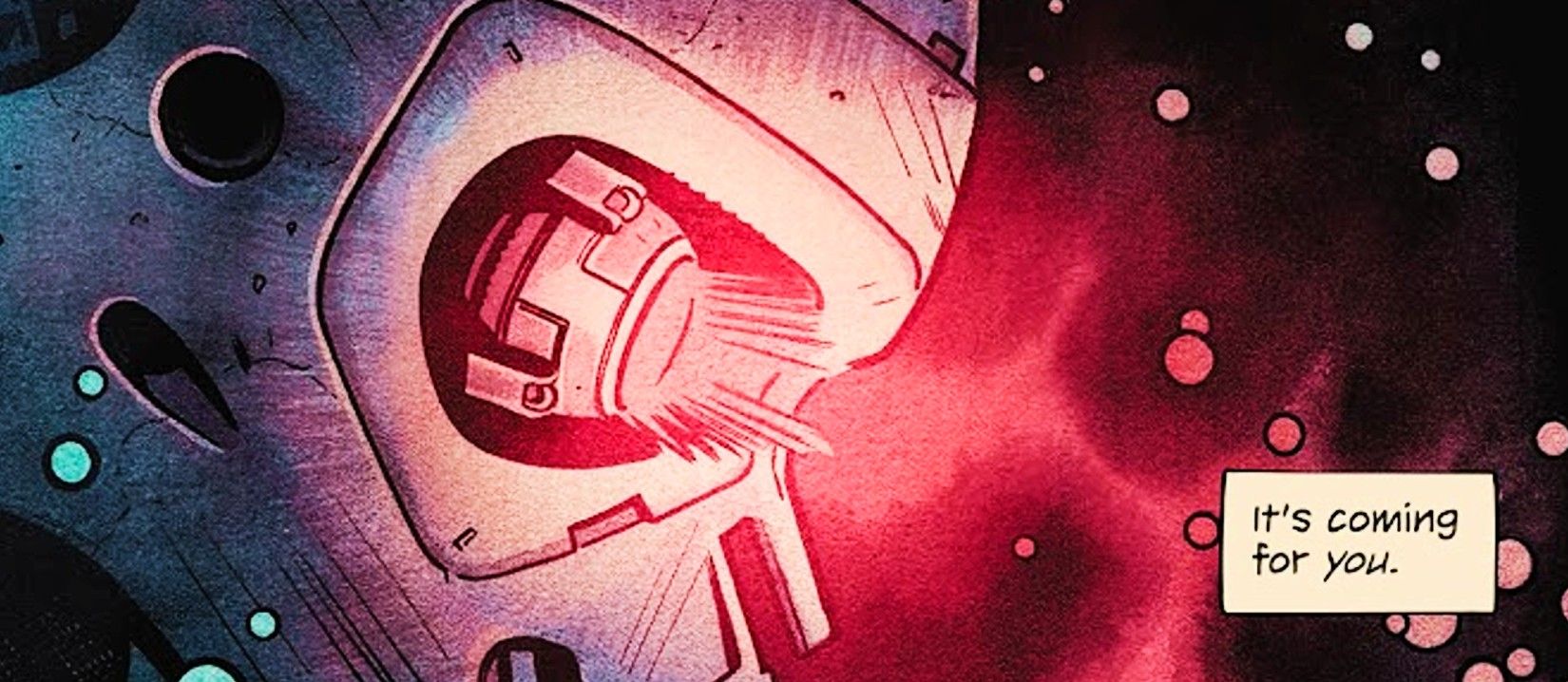 Terminator # 1, o olho do T-800 brilha vermelho enquanto o narrador diz que a hora 'está chegando para você'