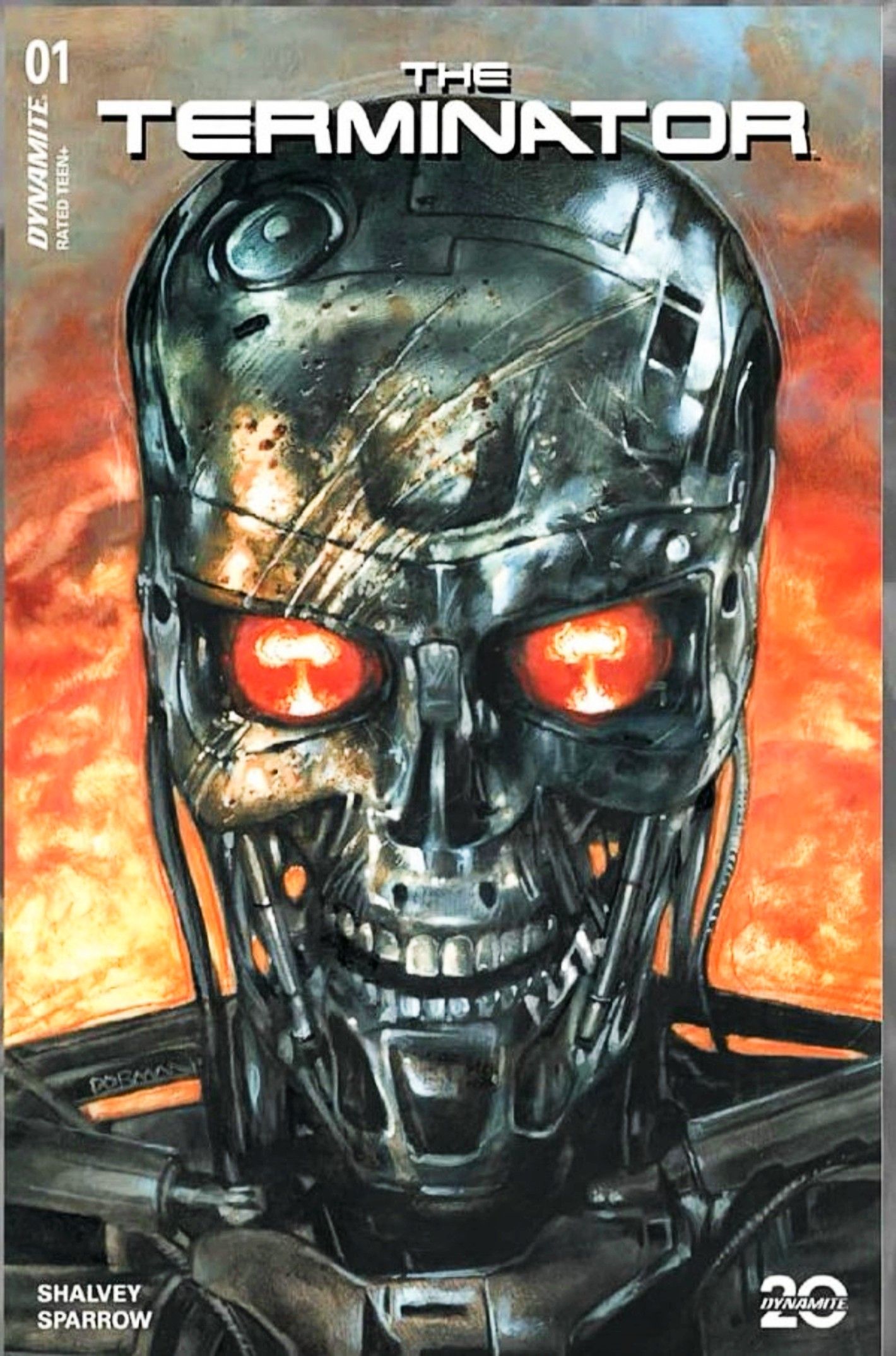 Terminator #1, variant cover. a damaged T-800 with mushroom clouds in its eyes, against a fiery backdrop