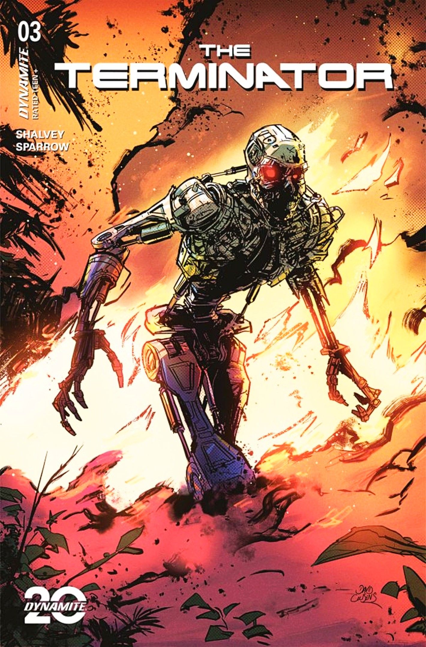 Capa variante do Terminator #3, um exoesqueleto T-800 emerge dos destroços em chamas