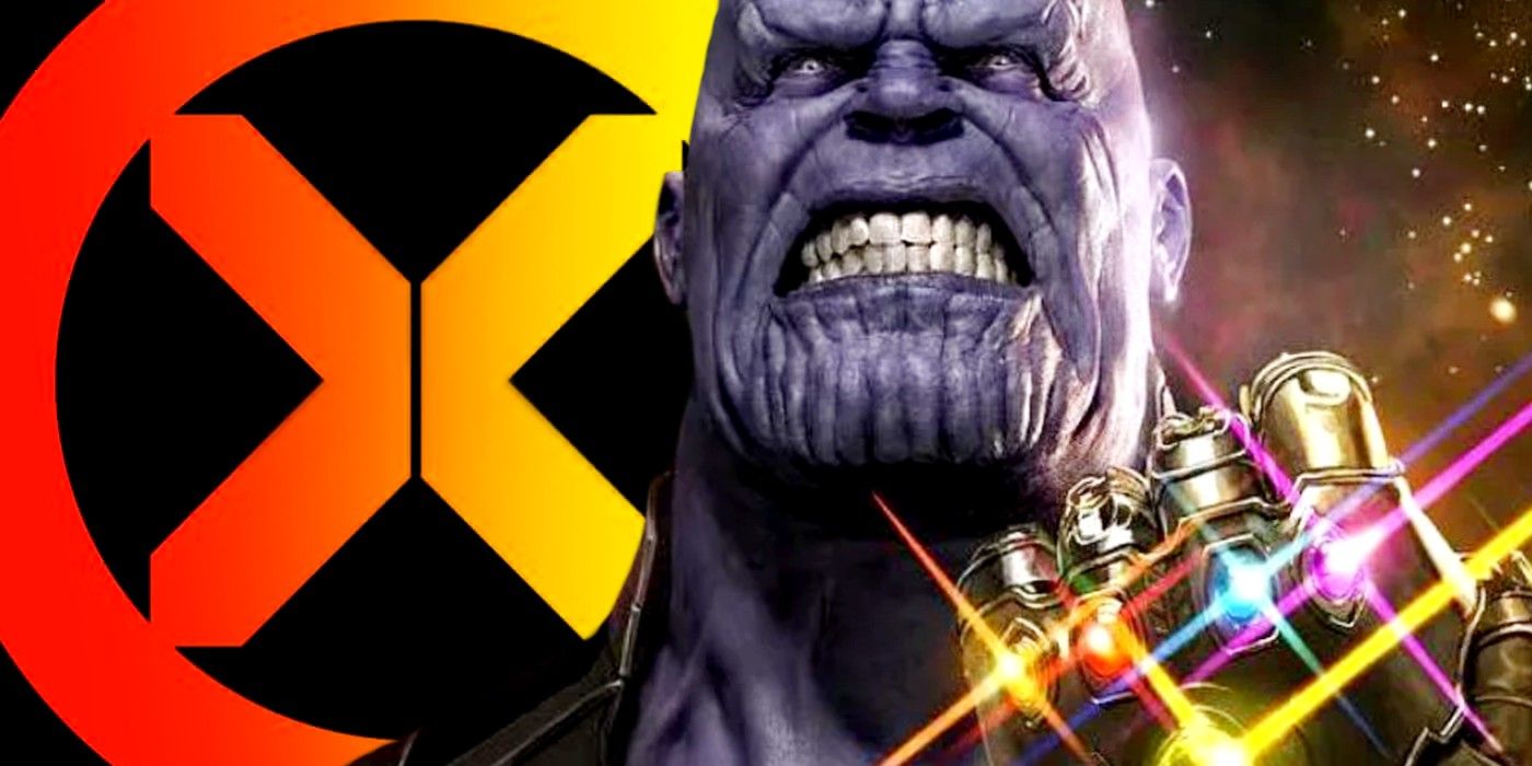 thanos alongside x-men logo