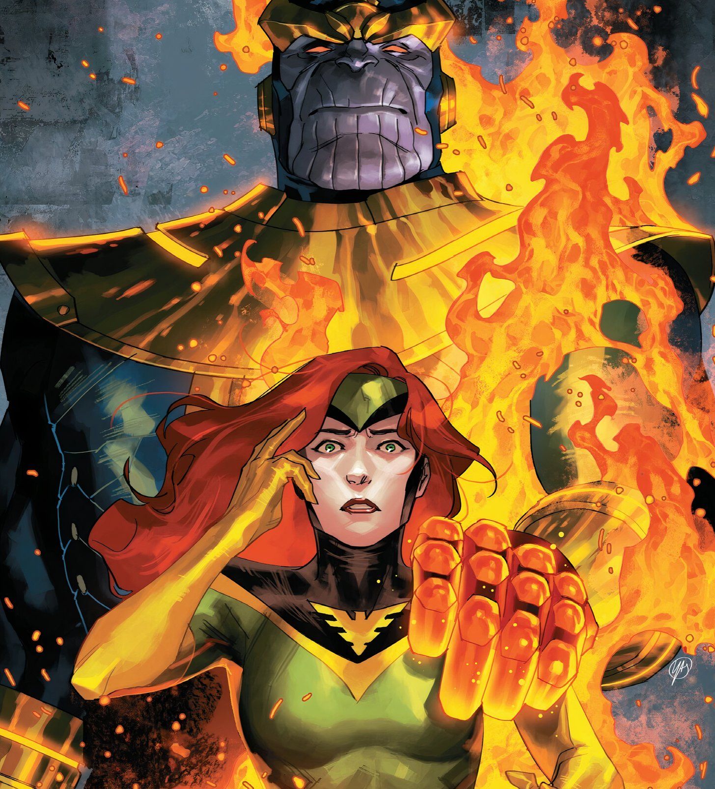 Thanos coloca a mão em Jean Grey assustada