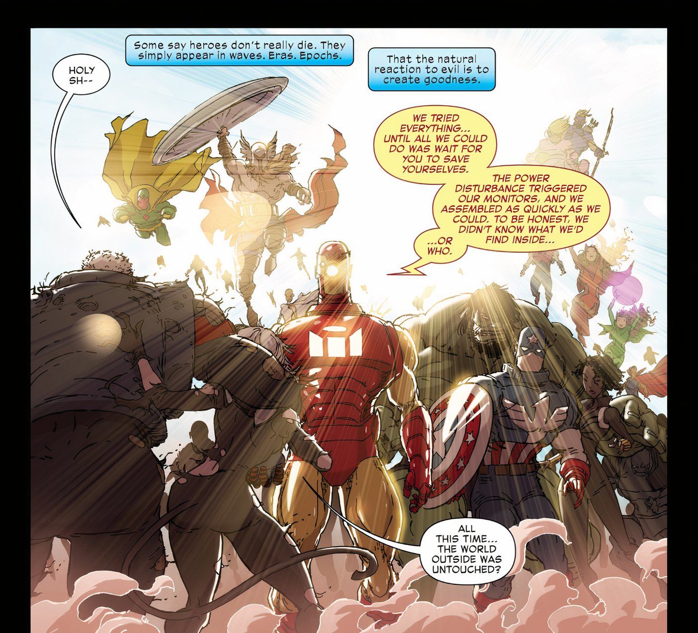 Comic book panel: The Avengers Arrive After The WEBB Falls