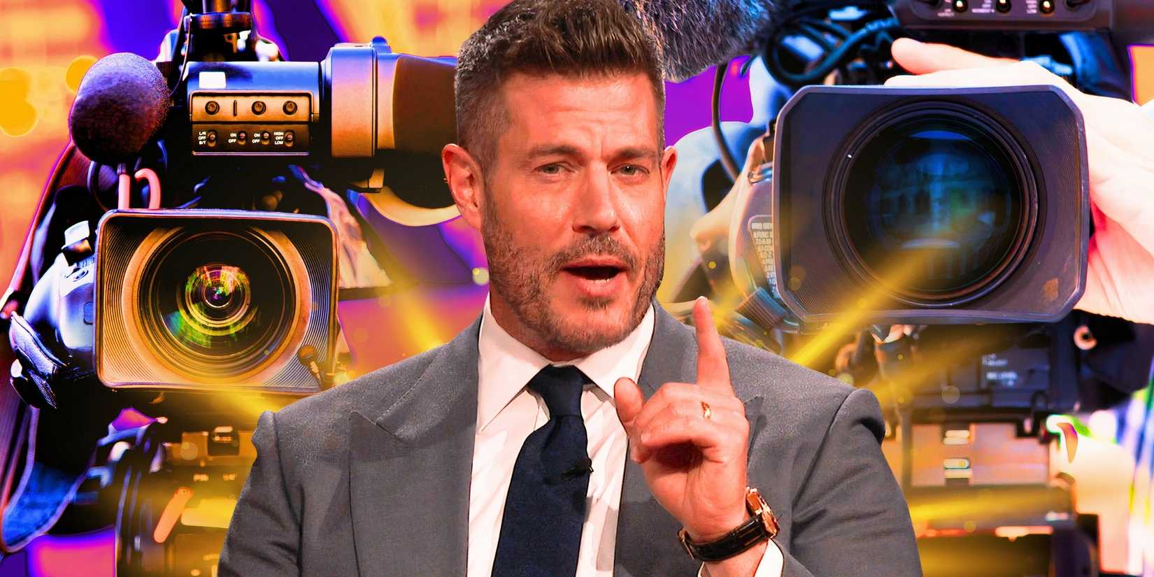 the bachelor host jesse palmer in montage with cameras in the background