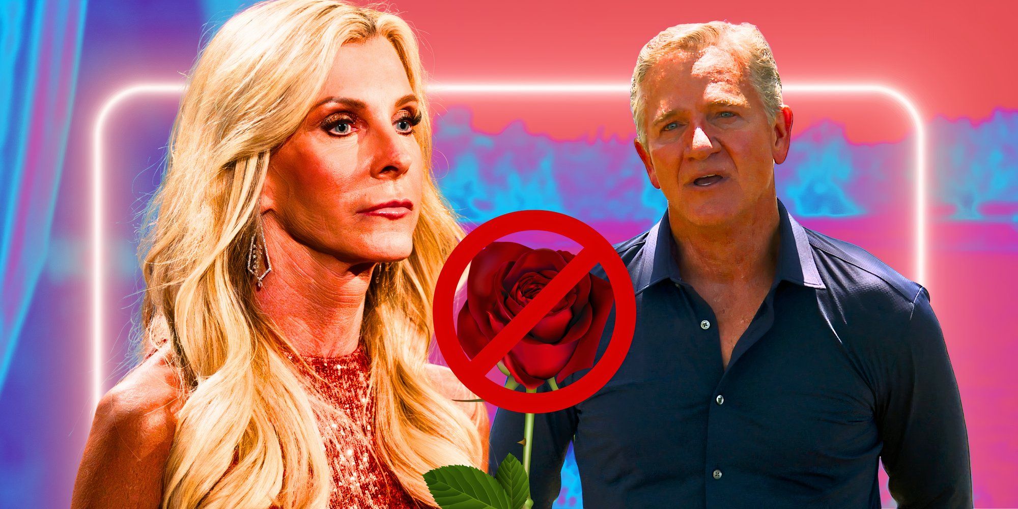 the bachelor stars joan vassos and chock chapple with no rose graphic and pastel background