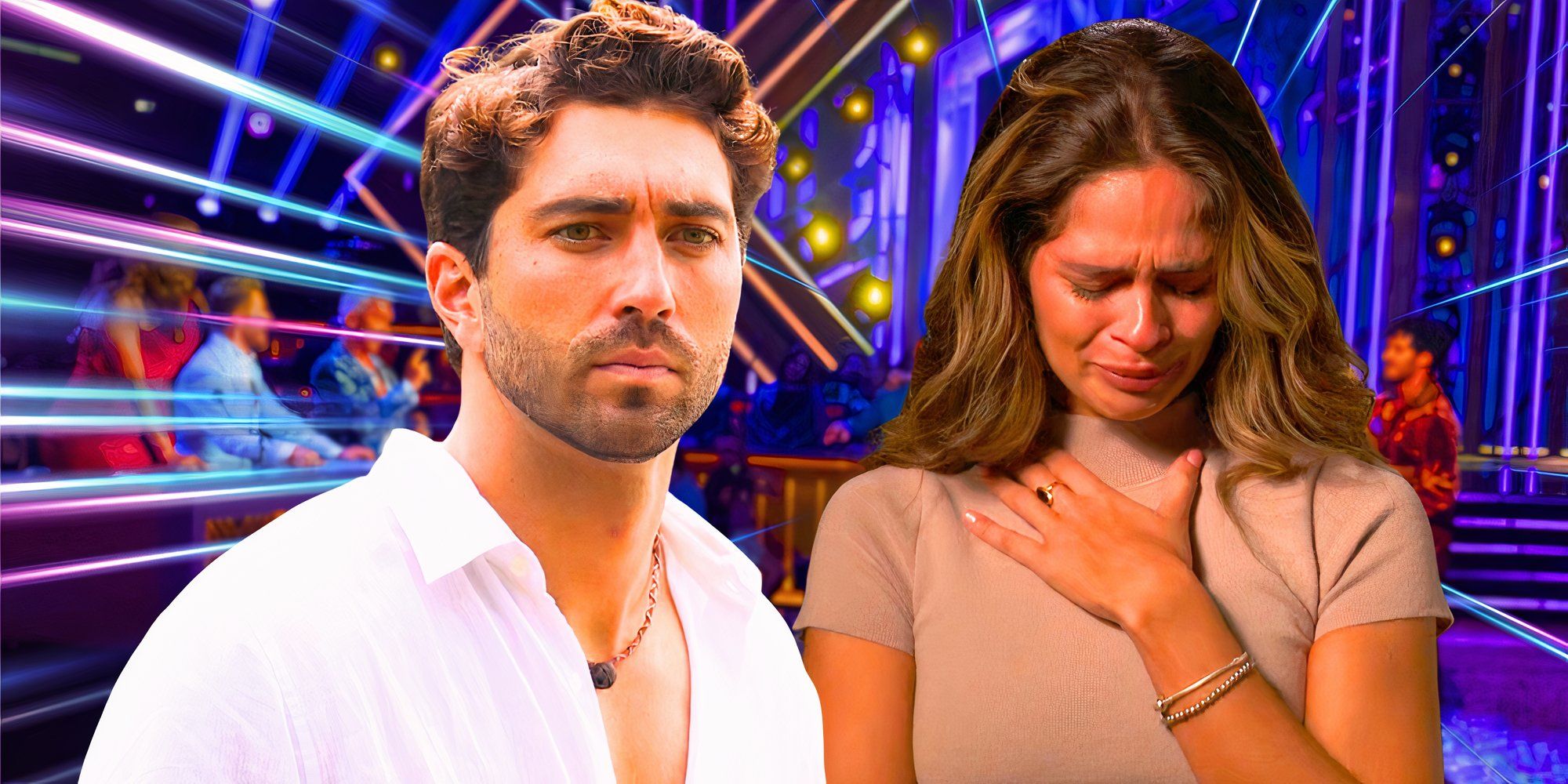 the bachelor stars Joey Graziadei and Kelsey Anderson looking sad in montage with dancing with the stars background