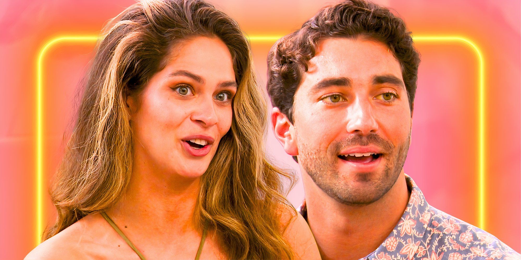 the bachelor stars kelsey anderson and joey graziadei montage with an orange and yellow background