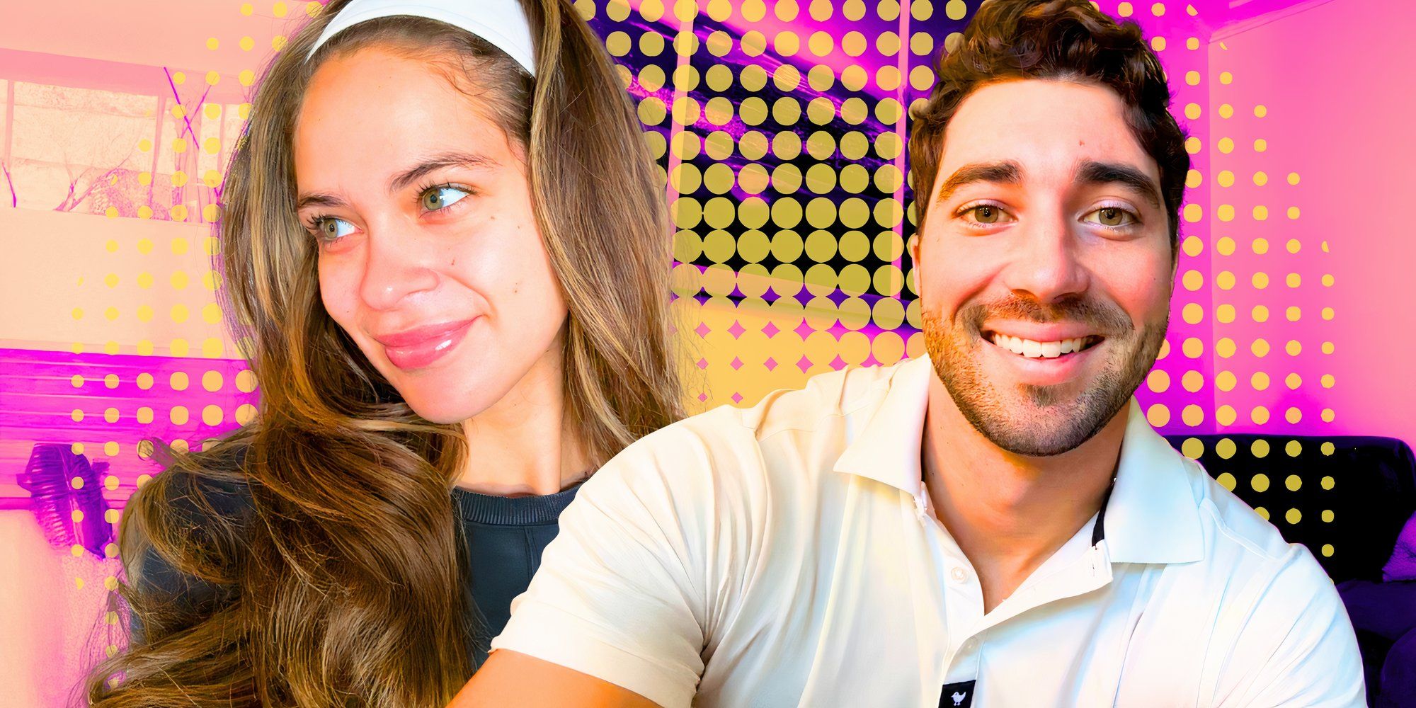 o bacharel é estrelado por Kelsey Anderson e Joey Graziadei sorrindo com pontos pastel ao fundo