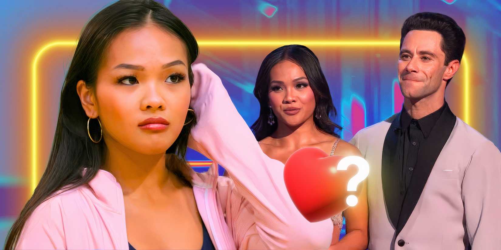The Bachelorette’s Jenn Tran & image of her with DWTS’ Sasha Farber with a heart and a question mark