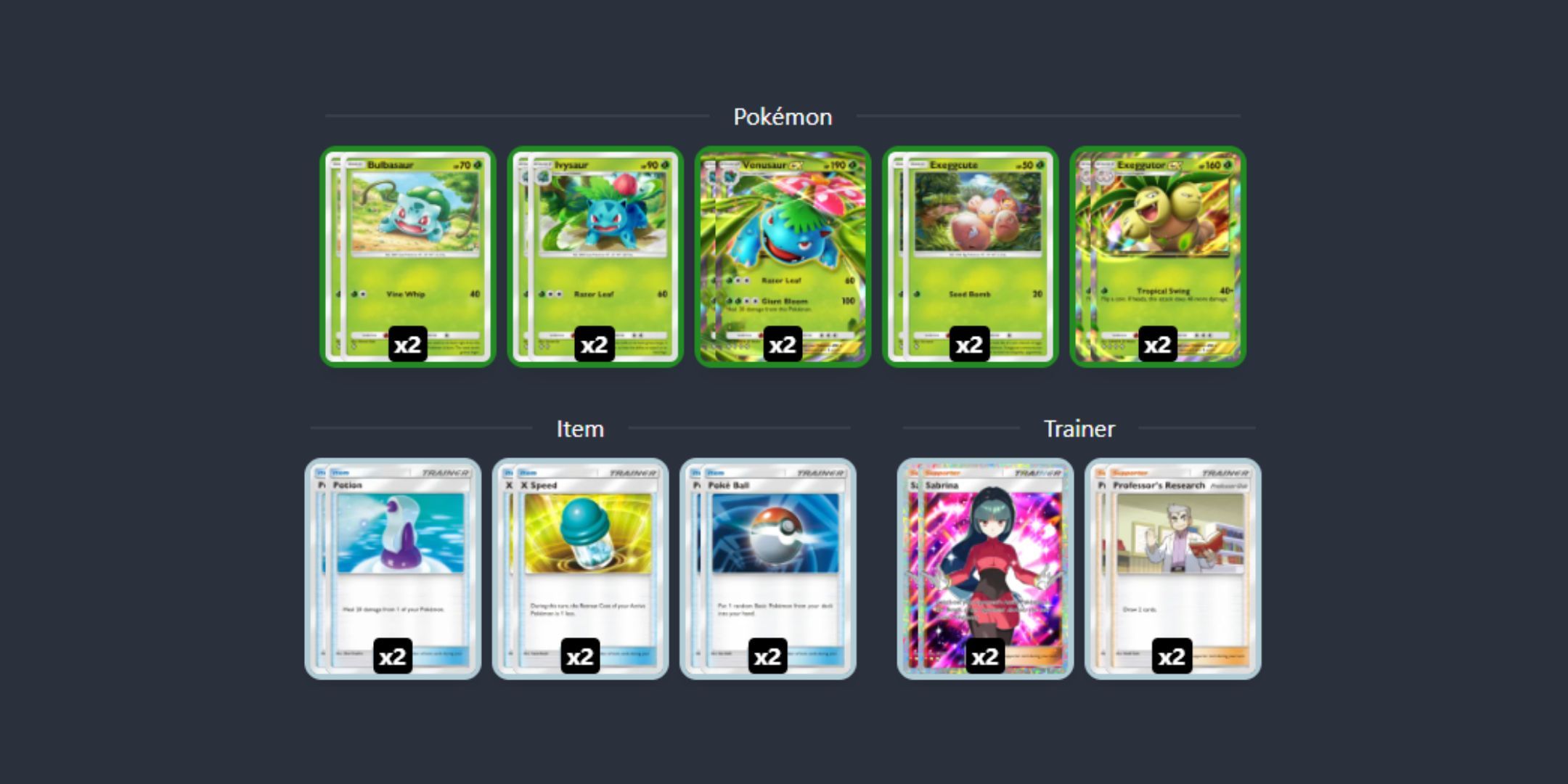 A selection of cards for The Best Grass-type Deck From Pokémon TCG Pocket on a gray background.